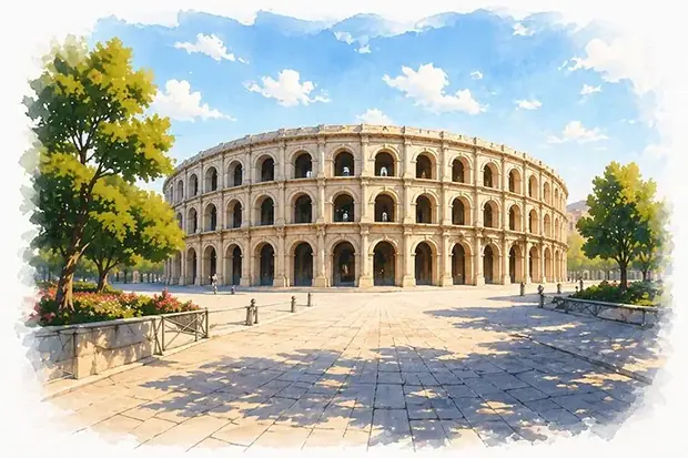 Les Arènes de Nîmes, illustration à l'aquarelle