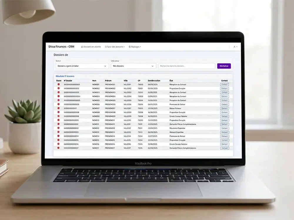 Interface du CRM sur mesure réalisé par PROSPEOS pour Shiva Finance, données anonymisées
