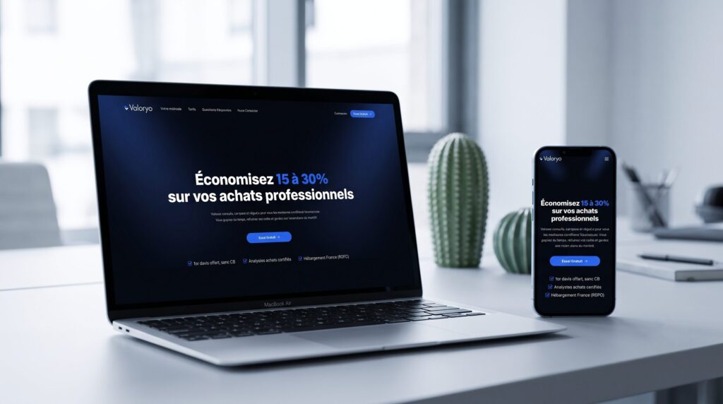 Application SaaS Valoryo d'analyse de devis et de négociation fournisseurs, affichée sur ordinateur et mobile